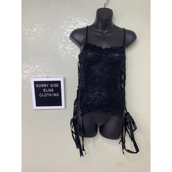 Seduction Black Lace Sheer Lingerie Tank Top Lace Up Metal Detail Size M/L - Picture 1 of 12